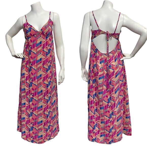 Champagne & Strawberry 100% Silk Pink Medium Geometric Print Flowy Maxi Dress - Picture 1 of 9